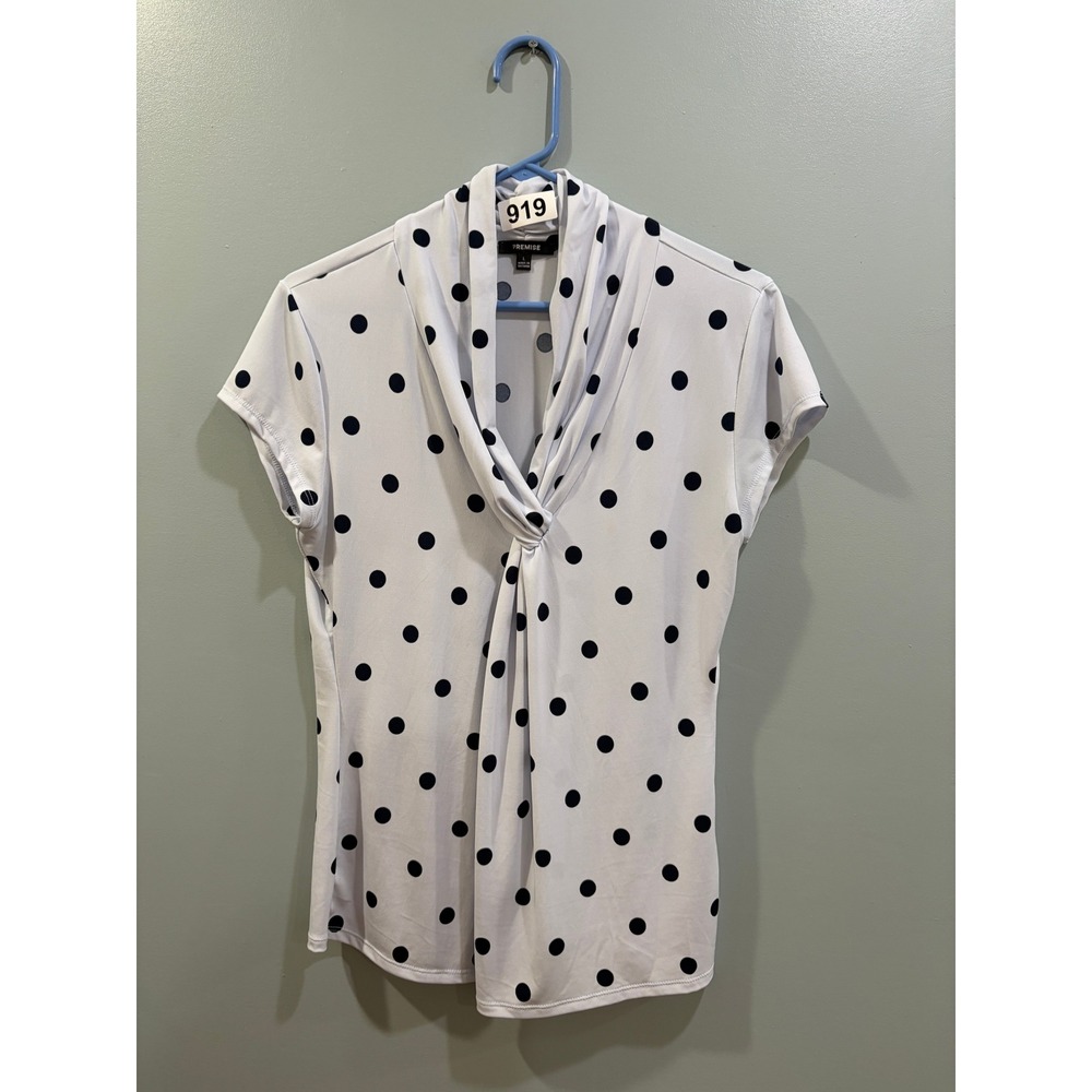 Premise Womens White Black Polka Dot Twist Neck Blouse Cap Sleeve Top Large